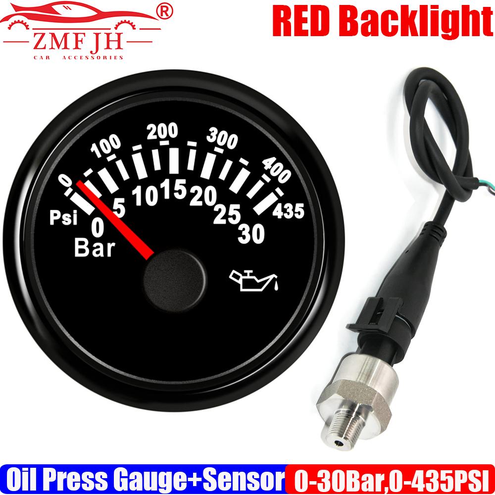 Red Backlight 0-30BAR,0-435PSI 52MM Oil Pressure Gauge with Electronic Pressure Sensor 1/8NPT for Marine Boat Yacht Auto Car
