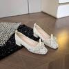 Damenschuhe mit eckiger Spitze, flachem Ausschnitt, neue Frühlings- und Herbstschuhe, temperamentvoller Strass-Schleife, dicker Absatz, temperamentvolle Damenschuhe