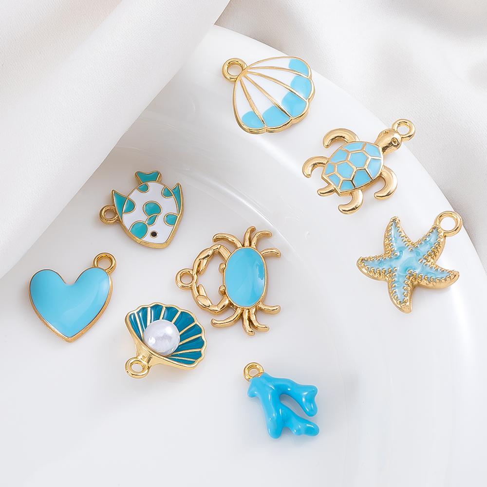 10pcs Trend White Enamel Ocean Coral Conch Fish Bones Fishtail Heart Charms Alloy Pendants DIY Necklace Keychain Jewelry Making