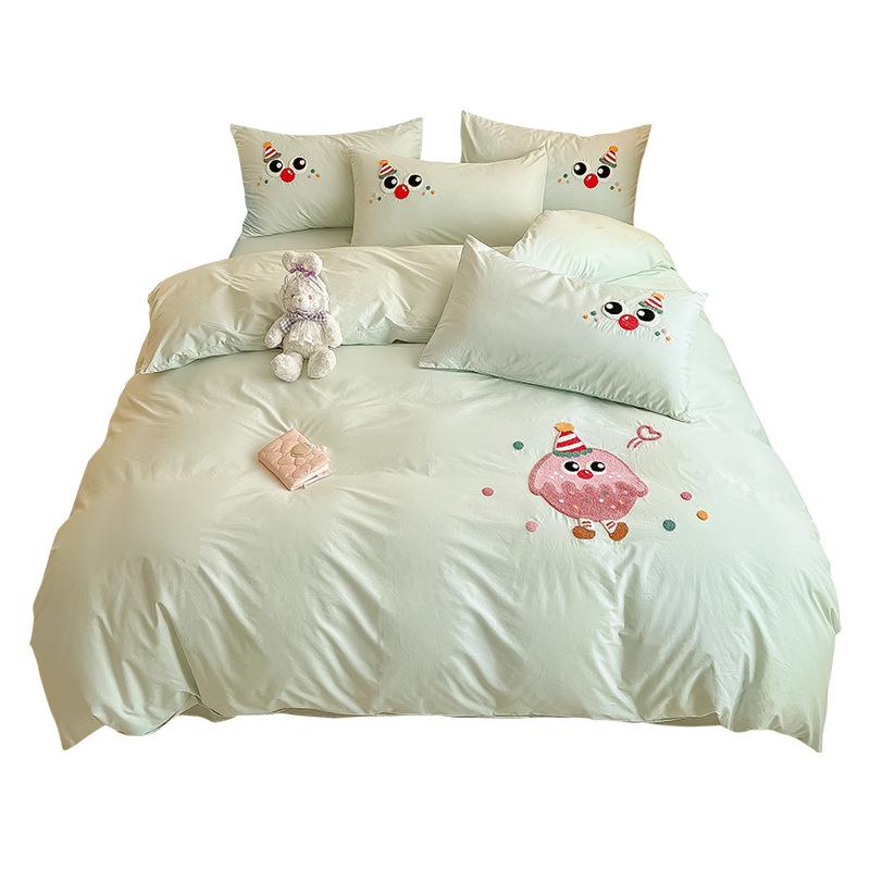 Pure Cotton Cartoon Towel Embroidered Bedding Set: Includes Quilt, Bed Sheet, and Pillowcases