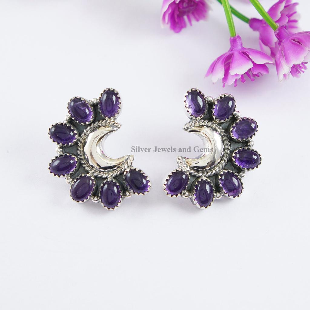 Turquoise Crescent Moon Stud Earrings: 925 Sterling Silver Bohemian Jewelry