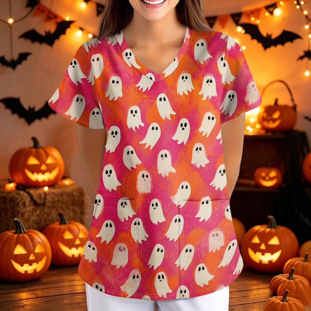 Women Halloween Print Loose Fit V Neck Short Sleeve Scrub Top Nurse Uniform with Pockets Suitable for Healthcare Professionals