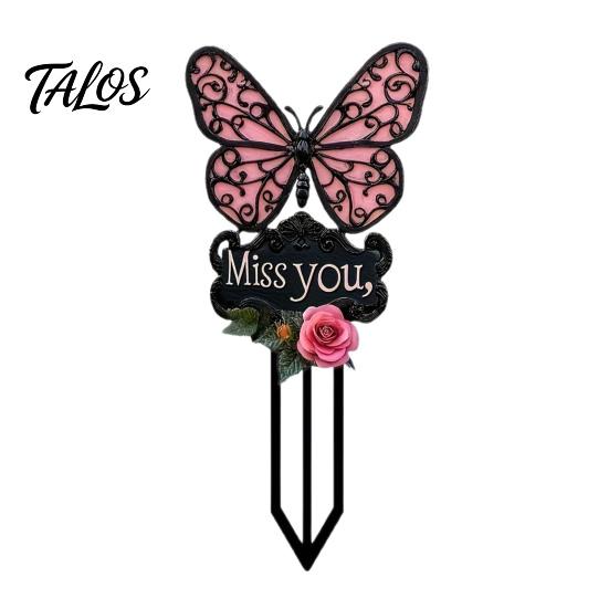 Romantic Garden Decoration Butterfly Memorial Stake, Miss You Sign, Pink Outdoor Sympathy Gift Rose Yard Art Stake for Lawn Courtyard Cemetery