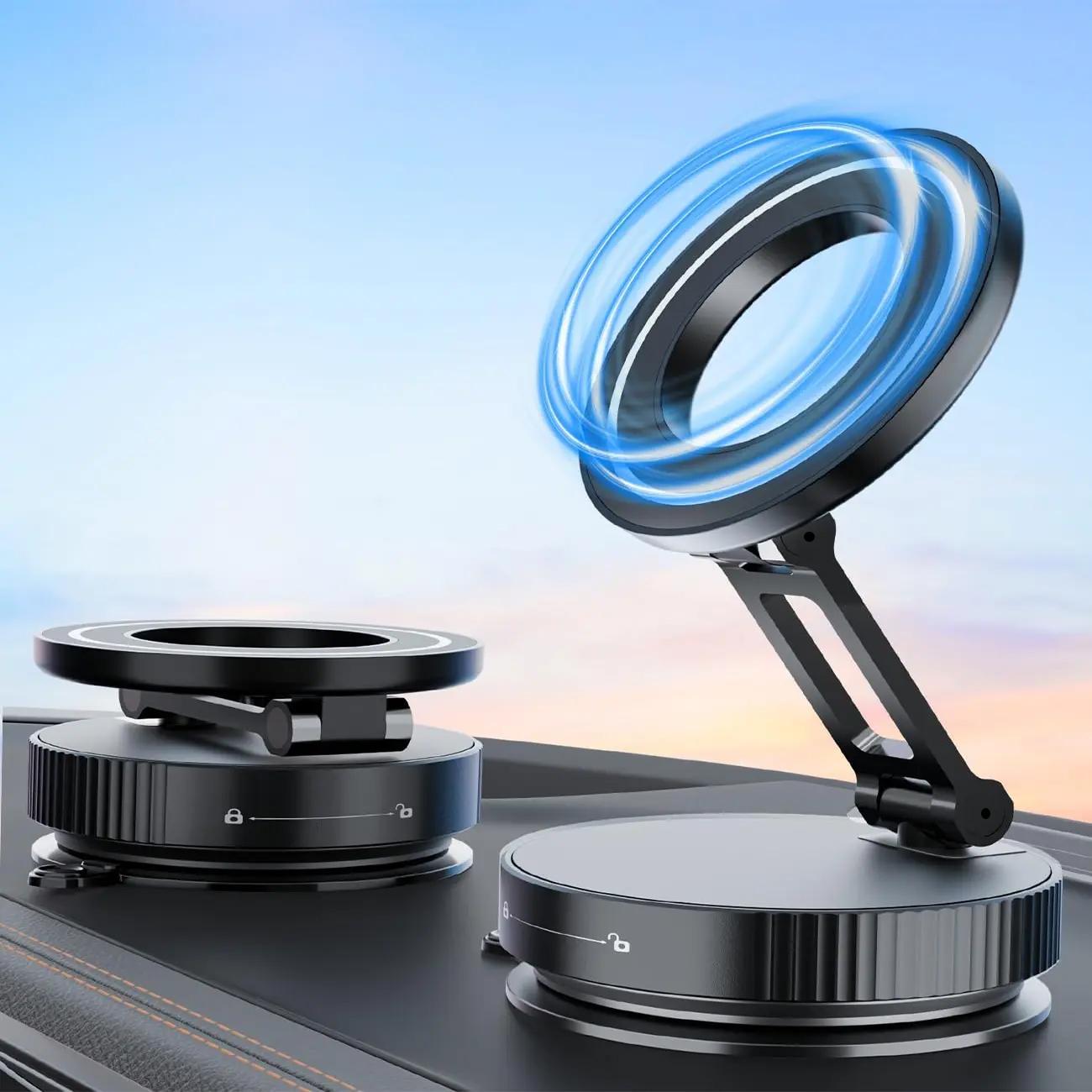 

360° Rotatable & Foldable Vacuum Magnetic Phone Holder – Retractable Suction Cup Mount for Car Dashboard, Gym Mirrors & Smooth