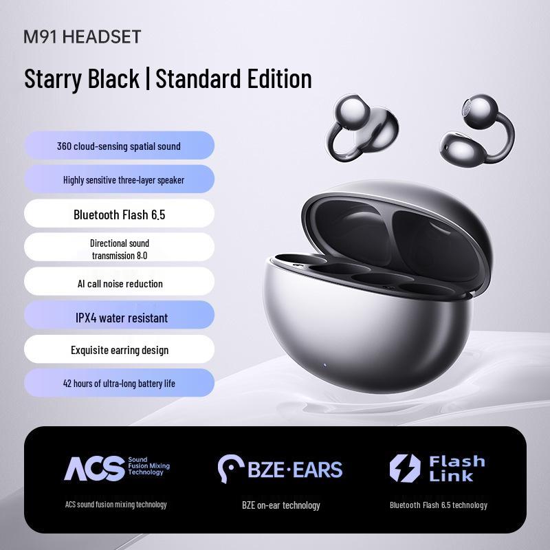 2025 M91 Wireless Earclip Bluetooth Headphones: In-Ear, Bone Conduction, Long Battery Life