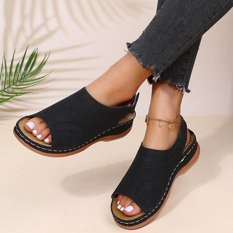 Women's Shoes Spring and Summer New Cut-out Back Buckle Fish Mouth Retro Ethnic Style Casual Large Size Solid Color Sandals In Stock