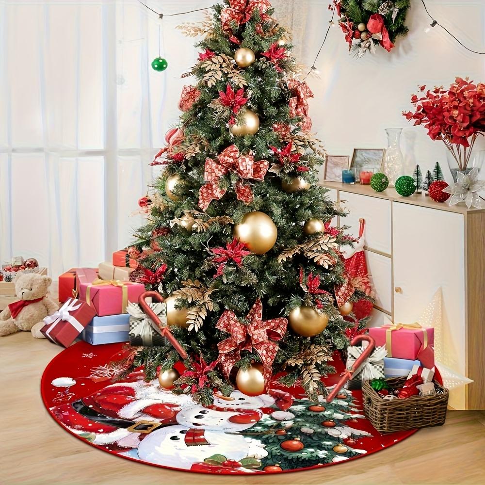Festive Snowflake Santa Tree Skirt - Red Christmas Felt Mat with Anti-Slip Backing, Decorative & Protective Tree Base Cover
