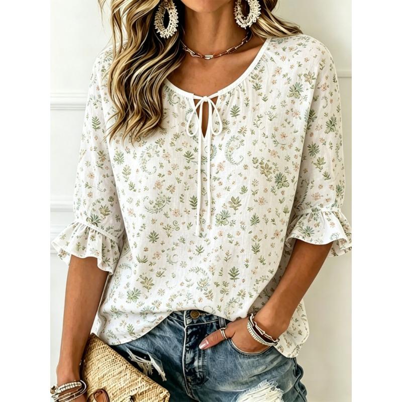 Women's Tie Keyhole Neck Blouse, White Base Tiny Pink Ditsy Floral Scroll Print, Loose Fit for Spring Summer Daily Outfits