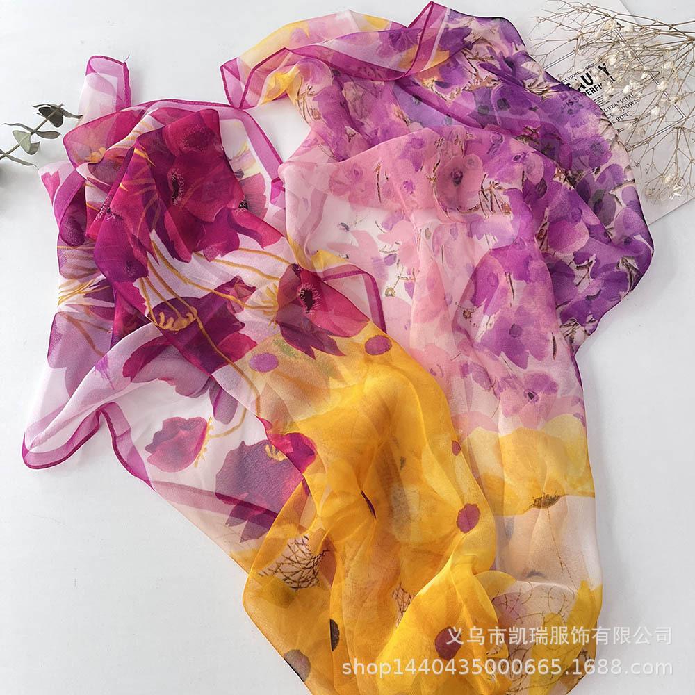Neuer Sonnenschutz Langer Seidenschal Mohnblume Dünne Imitationsseide Frühling und Sommer Georgette Dekoration Damen Bedruckter Schal
