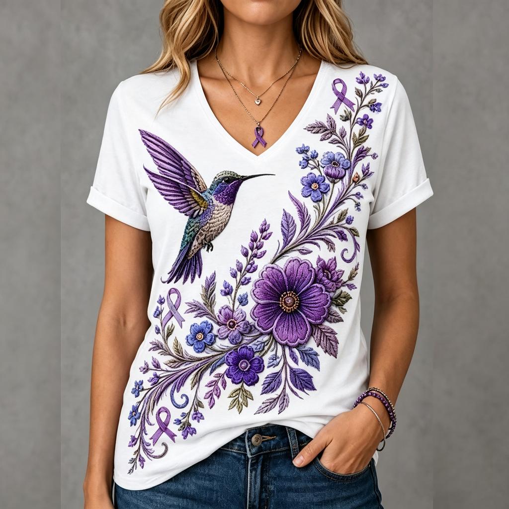 Women's 3D Print V-Neck Short Sleeve T-Shirt Loose Fit Casual Top