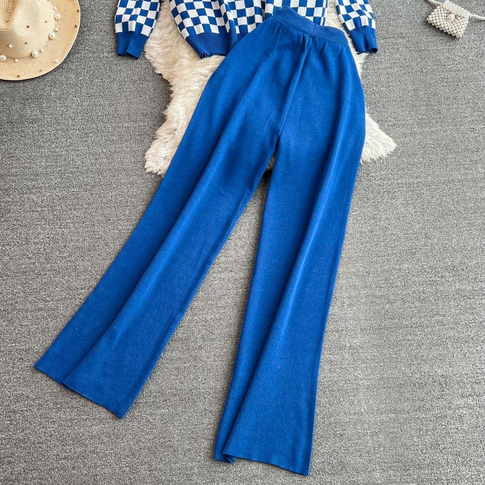 Herbst Vintage Marke Plaid Gestrickte Pullover Hose 2 Stück Set Frauen Trainingsanzug Einreiher Mantel + Knöchel Länge Hosen Outfits