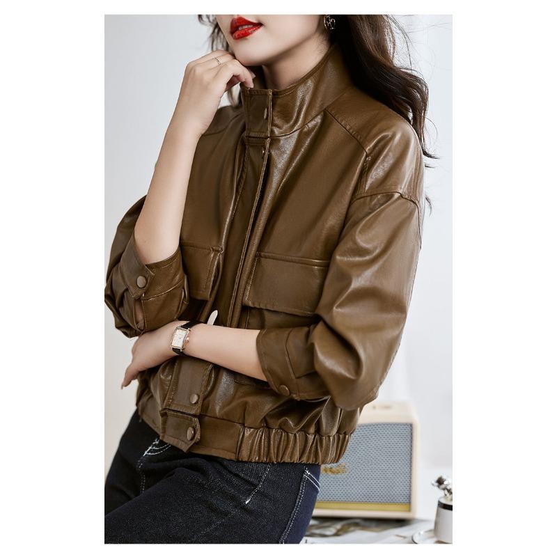 Red Short Soft Leather Jacket for Women Spring Autumn Loose Fit Casual Coat Petite Size