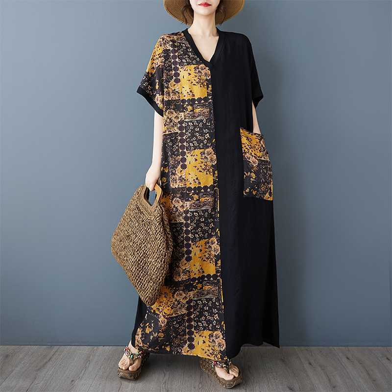 Women's Yellow Flower Spliced Black Long Dress Retro Robe