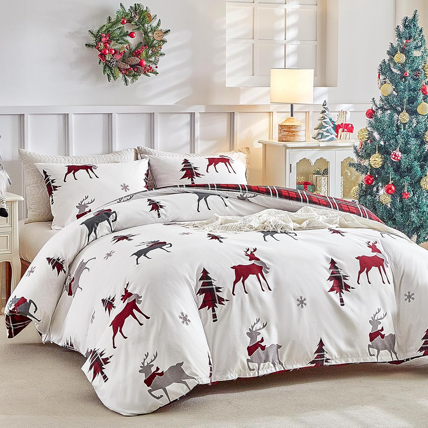 

King Size Christmas Reindeer Print Duvet Cover Sets - Soft Microfibre Red King Size Bedding Sets Christmas Bedding 230x220 cm EU Twin(135x200cm)
