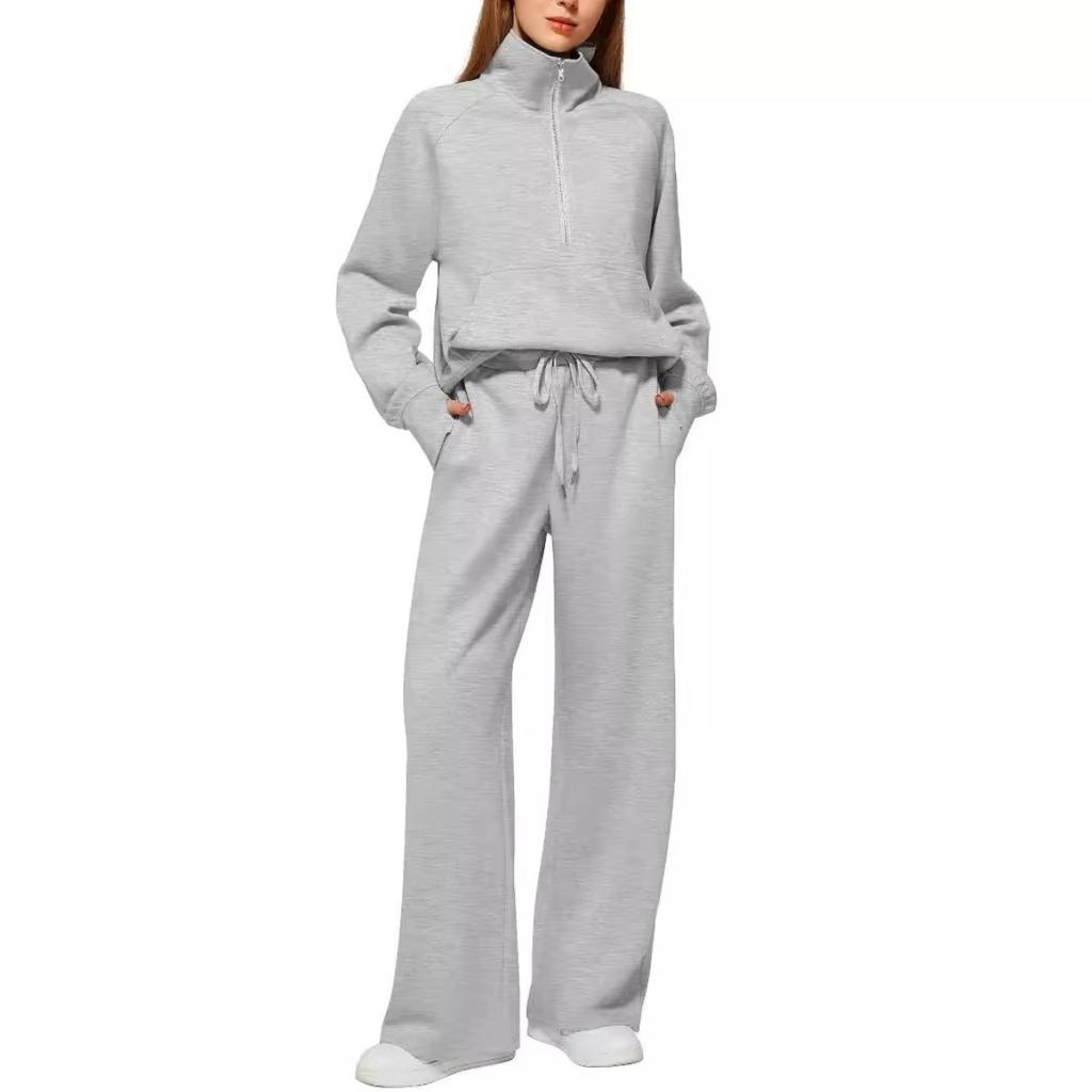 2025Women Coat Pants Set Stand Collar Long Sleeve Zip-up Elastic Cuff Jacket Drawstring Stretchy High Waist Wide Leg Trousers Sport Tracksuit