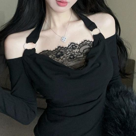 Autumn Winter Modal Lace Halter Slim Fit Long Sleeve Women's Top