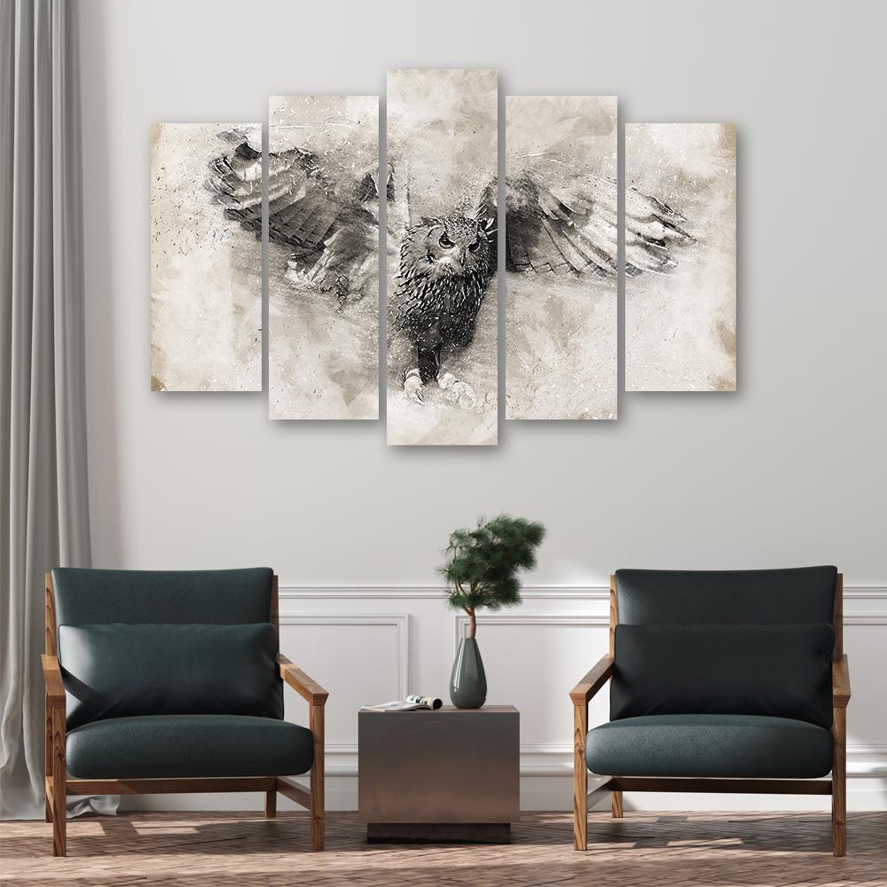 Five Piece Picture Canvas Print Owl Birds Grey Vintage