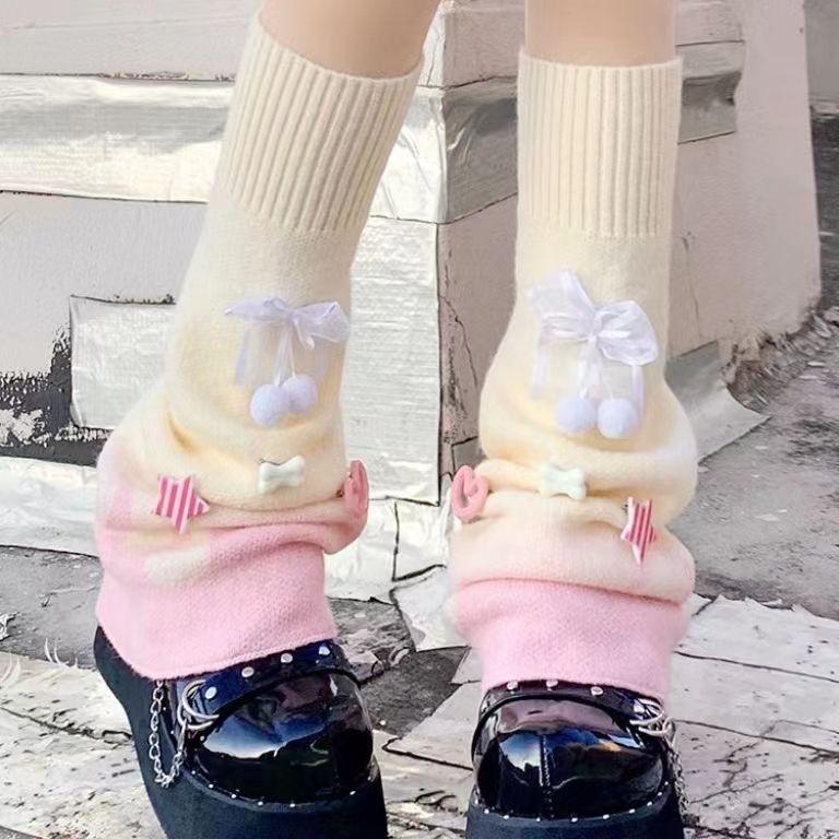 Cute Bowknot Calf Lolita Japanese-style Knitted Leg Warmers Slouchy JK Knee-high Socks Autumn Winter Warm Sweet Girl Socks