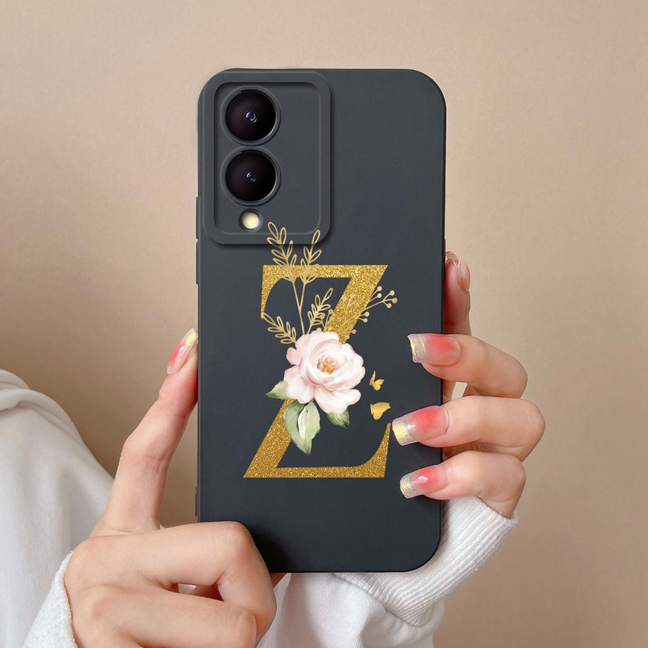 Case For VIVO Y17S 4G A To Z Cute Flower Letter Pattern Smooth Liquid Silicone Shell For VIVOY17S Y17s 4G Fashion Couple Fundas