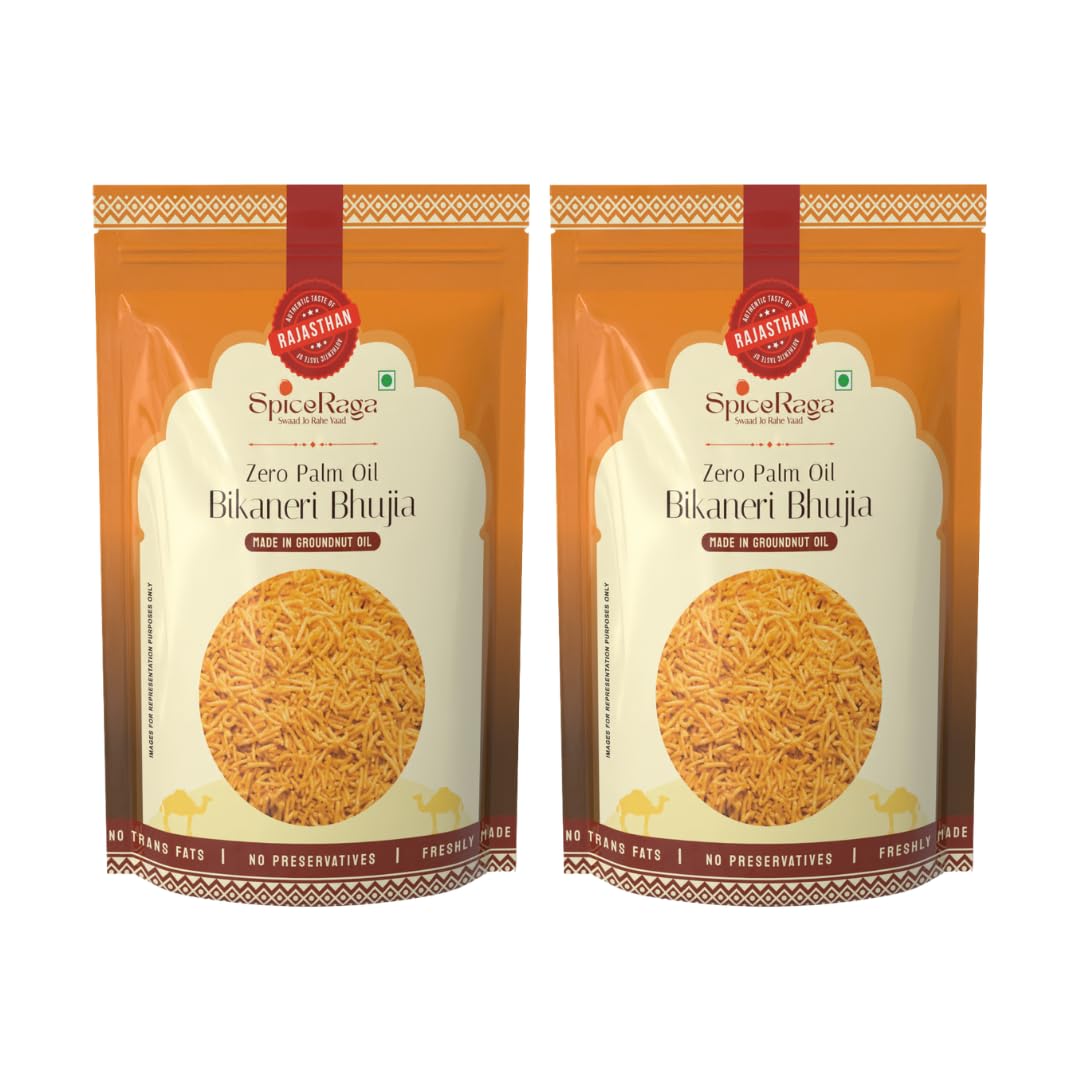 SpiceRaga | Bikaneri Bhujia Pack of 2 | No Palm Oil | Pure Groundnut Oil | No Trans Fat | Crispy & Spicy Teatime Snack | Healthy Namkeen Mo