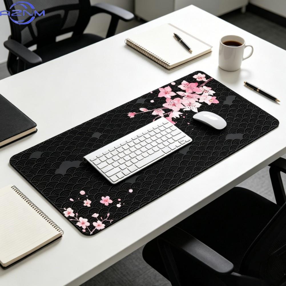 Sakura Cherry Blossom Desk Mat Black Wave Texture Gaming Mouse Pad NonSlip Rubber Keyboard Mat Stitched Edge Table Pad