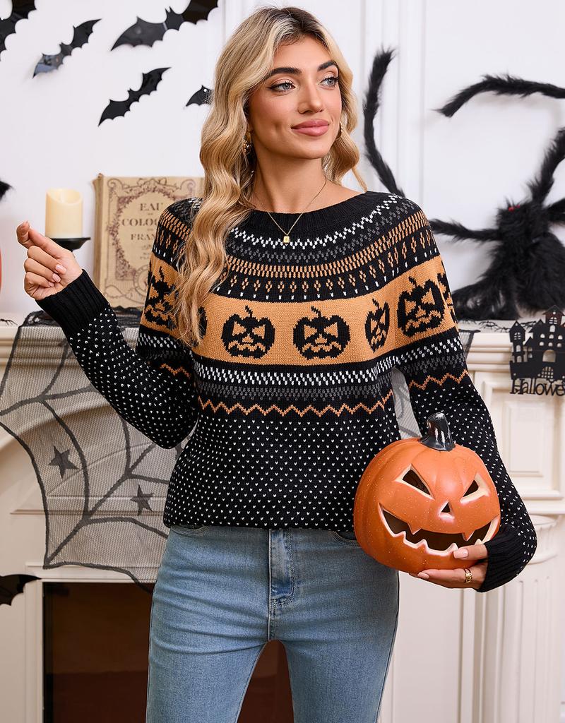 European and American Autumn and Winter Sweater Women's Clothing Halloween Pumpkin Embroidery Retro Polka Dot Long-sleeved Knitted Sweater Women