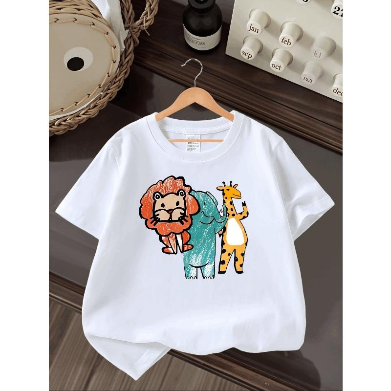Boys Knit Crewneck T-Shirt, Cute Lion Elephant Giraffe Cartoon Animal Print