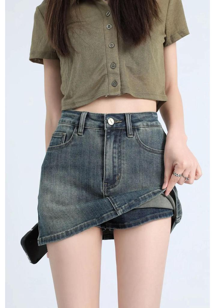 Spicy Girl Retro High-Waisted Letter Print Denim Skirt – Women's Slimming Hip-Hugging Short Skirt