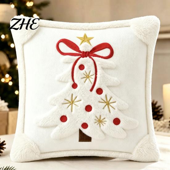 Cozy Knitted Plush Pillow Covers Christmas Pillowcase, 3D Embroidered Design Soft Throw Decorative Cases Cover, Cushion Cover for Holiday Home