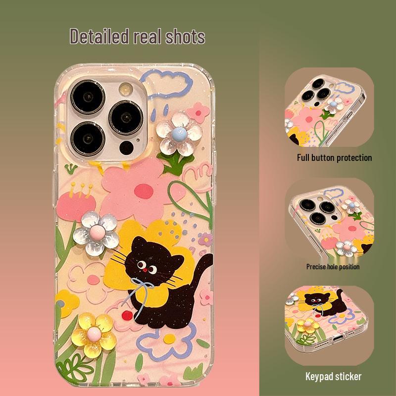3D Dopamine Flower Cat iPhone Case for 16 Pro/17 Pro Max - Drop-Proof, Soft Cover