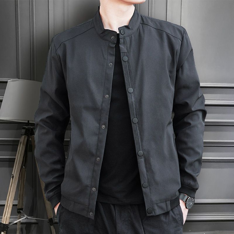 Spring and Autumn Seasons Thin Fashion Standing Collar Casual Loose Simple Solid Color Men's Long Sleeve Workwear Jacket
