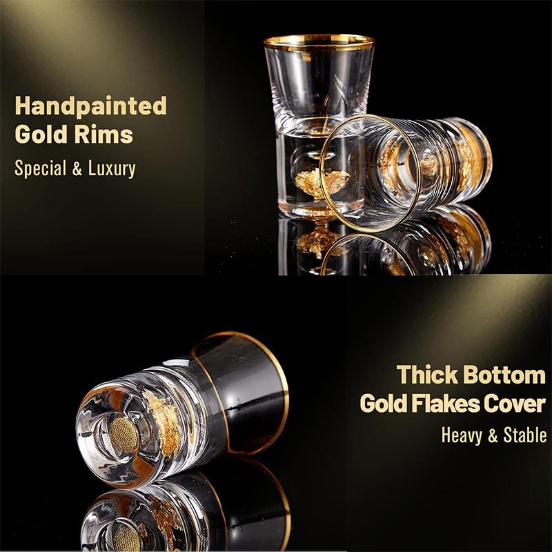 HeY LiLac 6Pcs Shot Glasses 15ML Gold Foil Color Spirits Cups Handmade Crystal 24K Gold Rimmed Shot Glasses Wine Baijiu Cup