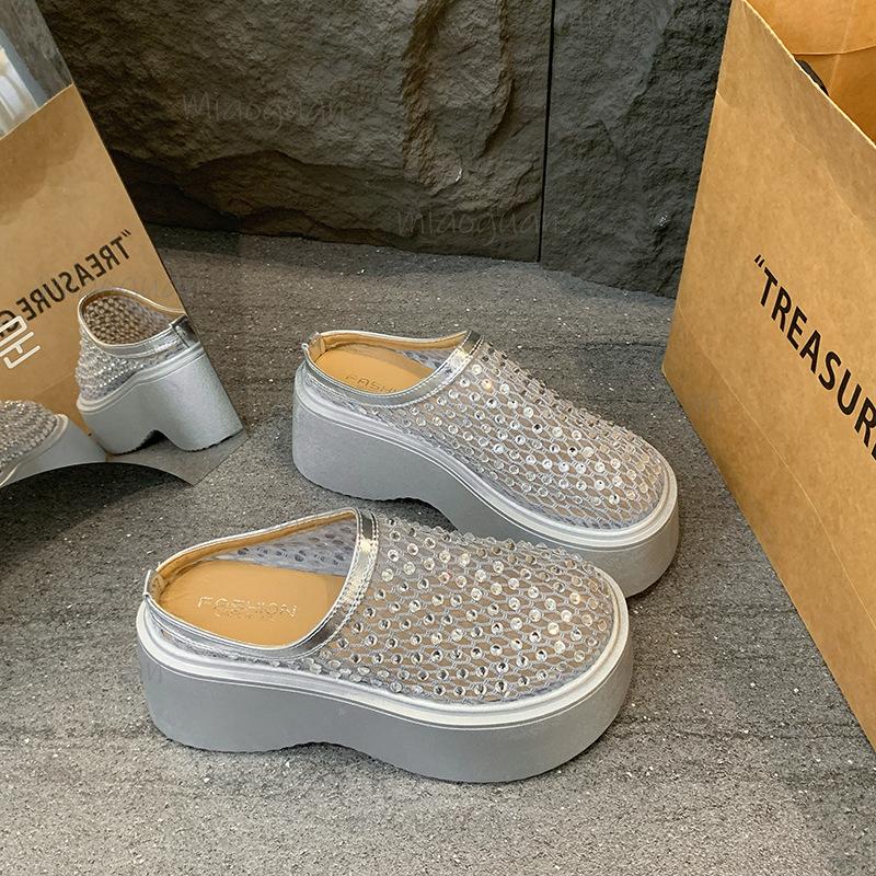 Crystal Mules Platform Shoes Woman's Mesh Slippers Casual Flat Sandals Summer 2025 Trend Dress Comfort Wedges Sandalias Size 35