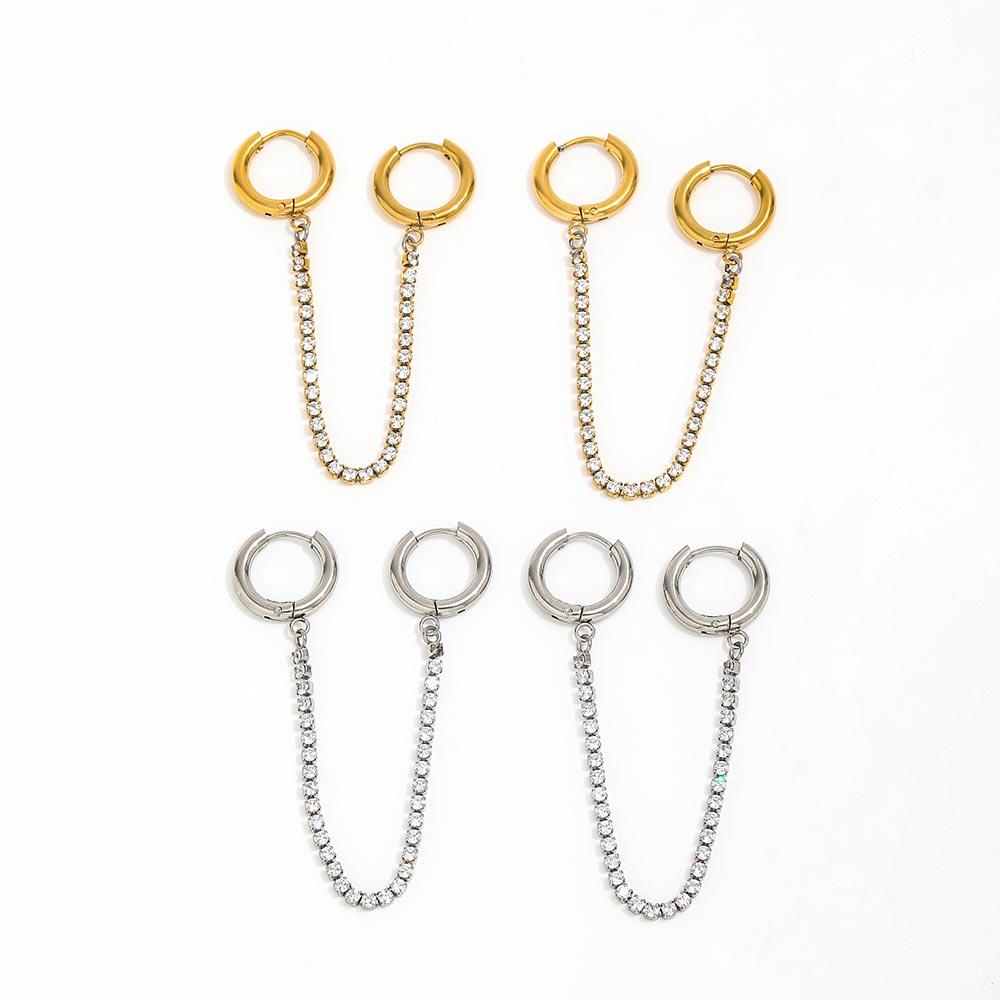 Fenny No Fade 18K Gold-plated Zirconia Pave Chain Tassel Double Ciecle Huggie Earring Stainless Steel Ladies Jewelry