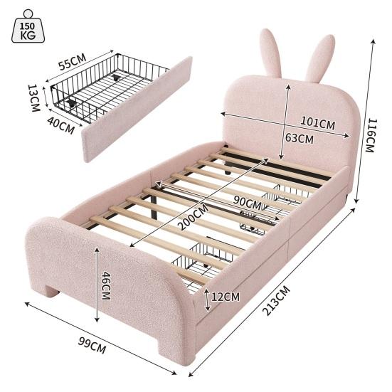 90x200cm Rabbit Shape Velvet Fabric Children Bed with Headboard 2 Drawers Ergonomic Design Strong Wood Slat Support Bed Home Furniture