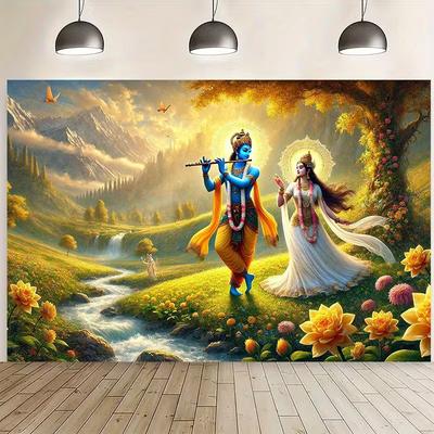 2D Pozadí Radha Krišna hrající na flétnu pro Janmashtami Narozeniny Bohoslužba Fotostánek