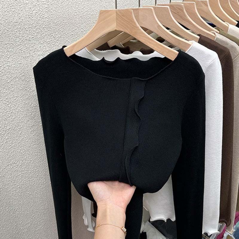 Sweater for Women Autumn Winter Thickened Warm Knitted Stretchy Long Sleeve Solid Color Round-neck Tops