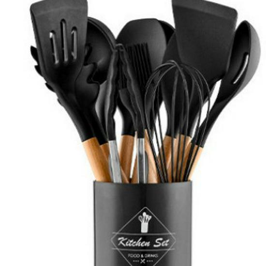 14-Piece Non-Stick Silicone Kitchenware Set with Wooden Handles