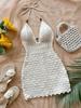 Abito Maxi da Donna Bianco all'Uncinetto con Scollo all'Americana e Dettagli di Perline, Allacciatura Frontale, Abito da Spiaggia Boho