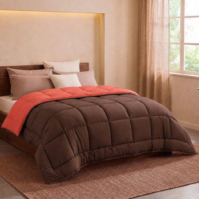 CALGARY - Couette Chaude Microfibre 400 gr/m2 - Brun &amp; Corail - 200 x 200 cm