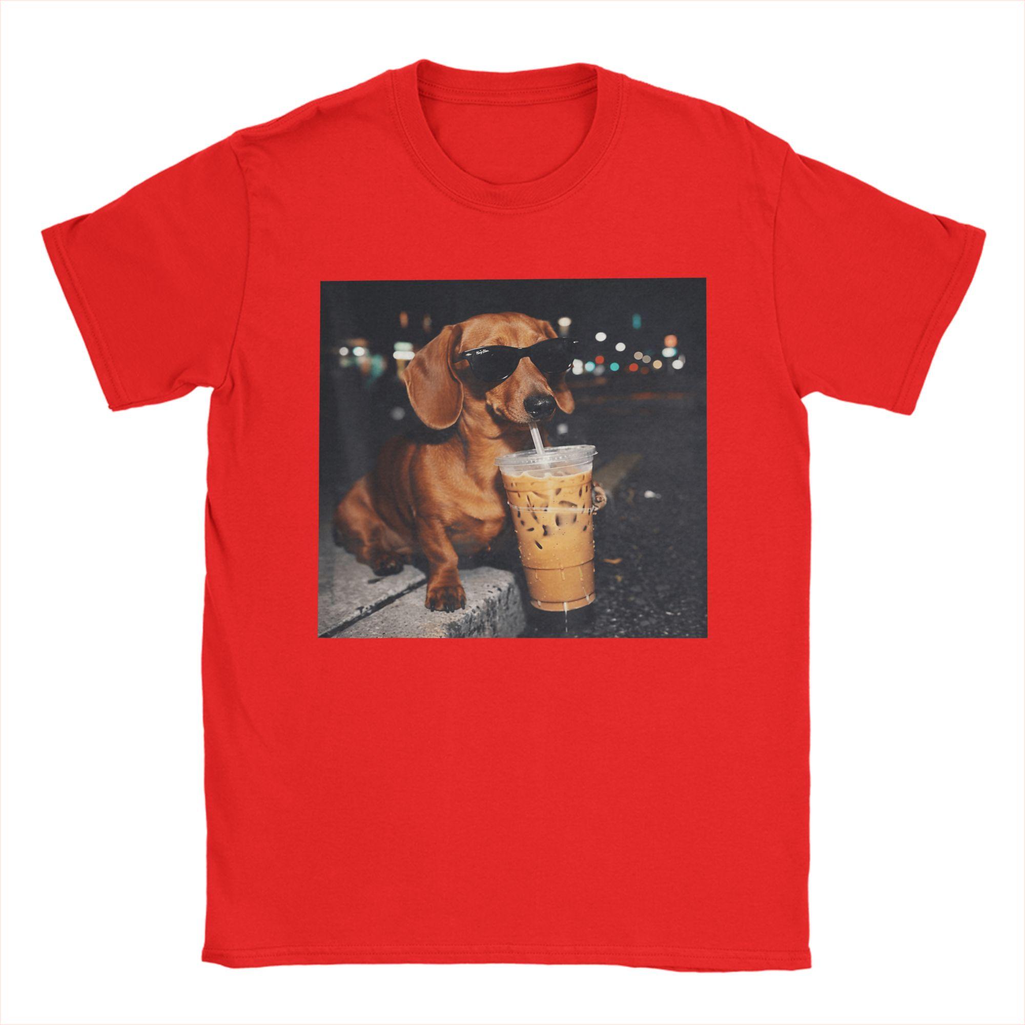 

Unisexs Funny Dachshund Drinking Iced Coffee Lover Humor T Shirt 100 Cotton Clothes Funny Short Sleeve Tees Graphic TShirt S