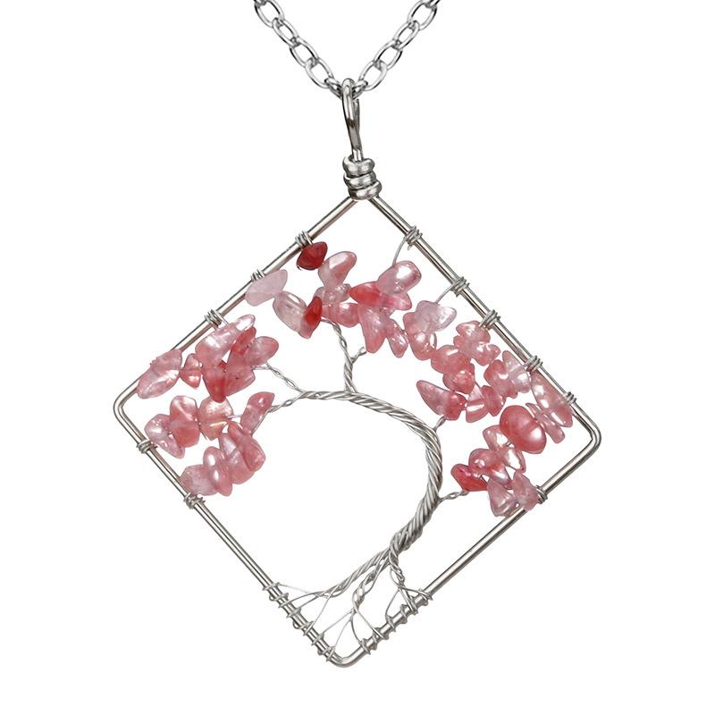 Wrapped Colorful Natural Stone Crystal Square Curved Tree Of Life Pendant Necklace N08 Fresh And Sweet