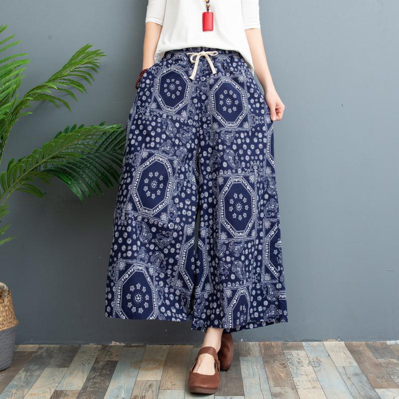 Women's High Waist Drawstring Ramie Wide Leg Culottes Loose Plus Size Nine Length Printed Linen Skort Vintage Floral Palazzo Pants