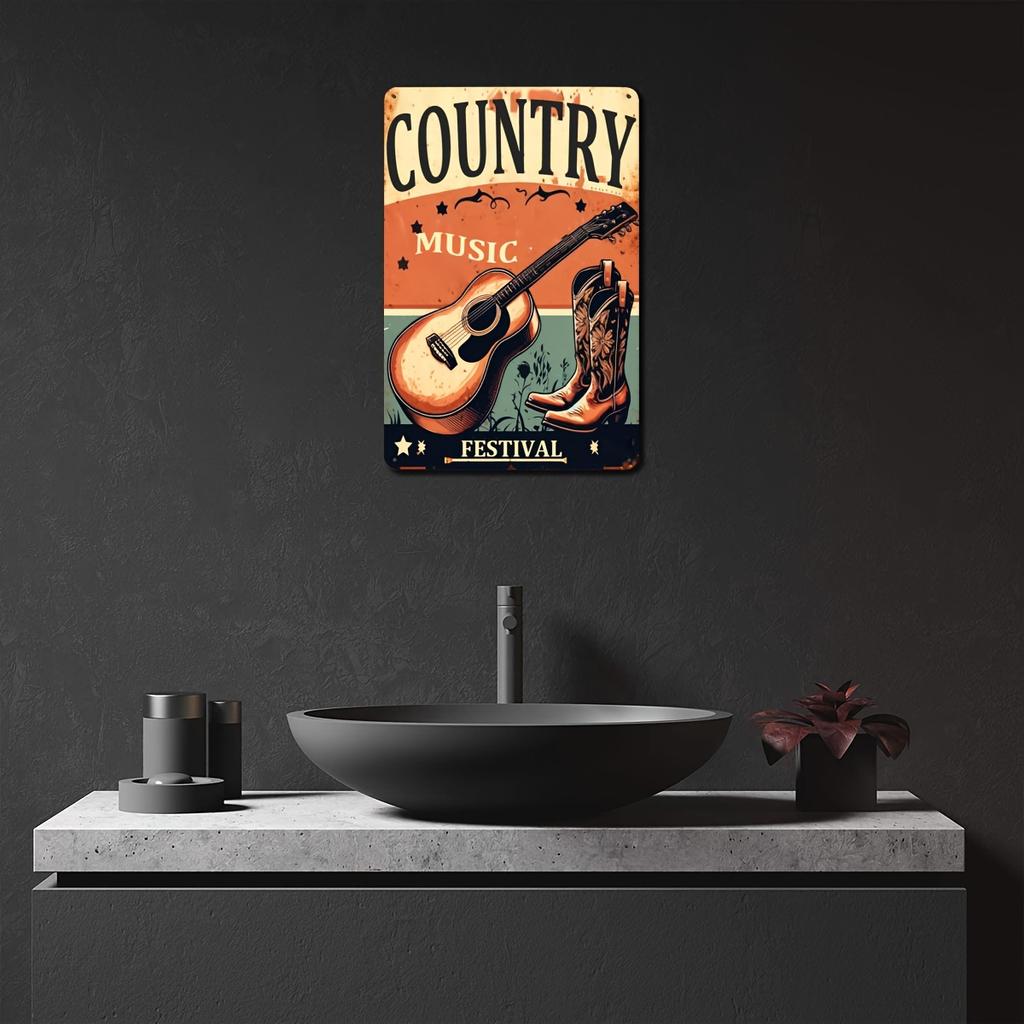 Hisun Tin Sign HD Tin Sign Country Music Festival Vintage Guitar Cowboy Boots Metal Poster Retro Wall Art for Bar Home Decor