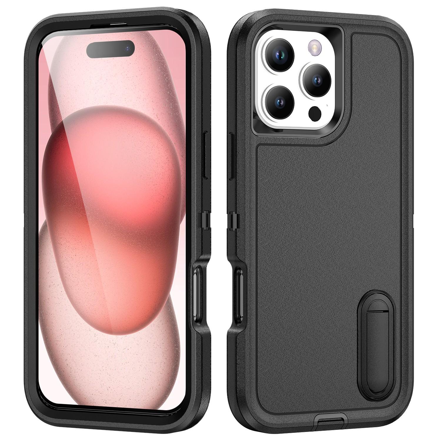 

For iPhone 16 Pro Case PC+Silicone+EVA 3-in-1 Protective Phone Cover with Kickstand Black+Black