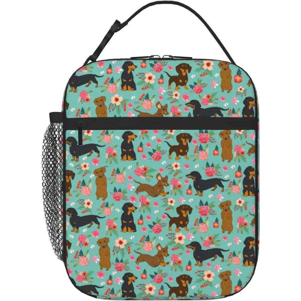 

Такса термобокс для ланча зеленый щенок с цветочным декором изолированная сумка для ланча для школы работа пикник пляж рождественские подарки 26x21x11CM бежевый