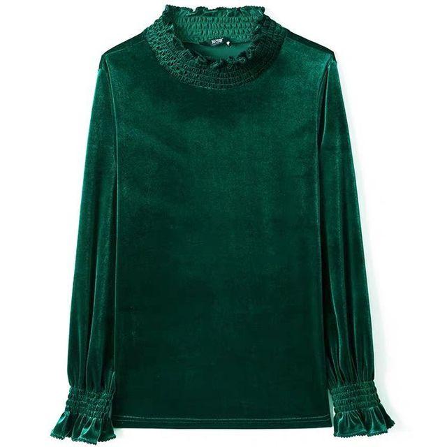 Jednobarevná zlatá, sametová košile Dámské Podzim Zima Nová móda Halenka s polovysokým výstřihem Temperament Dřevěný Top