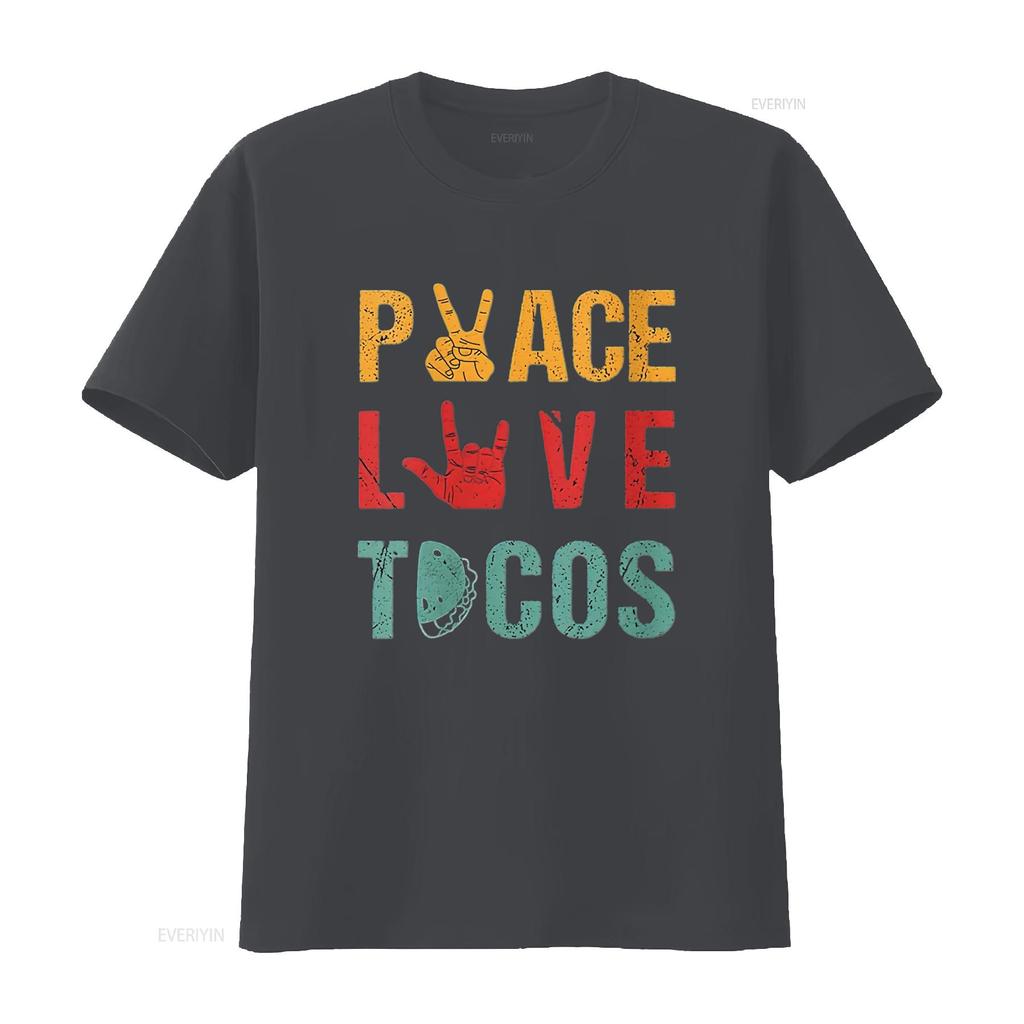 Womens Peace Love Tacos Vintage T Shirt Outfit For Mexican Food Lovers Round Neck Black vintage Washed streetwear Unisex