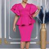 African Style Elegant Solid Color Ruffle Party Dress