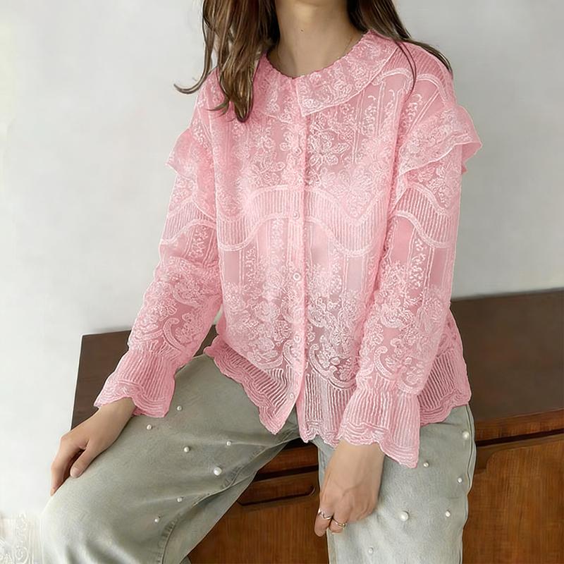 ZANZEA Women Casual Round Neck Long Sleeve Loose Lace Blouse